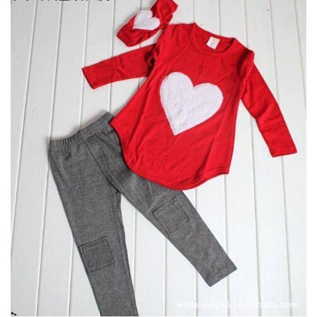 3 Sets Red Heart Girl Hair Band Shirts Pants Suits Red