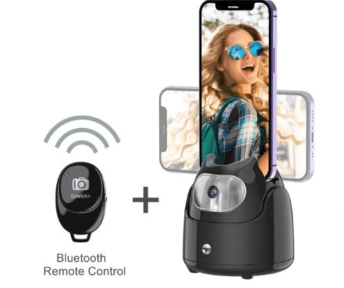 Automatic 360° Rotation AI Face Recognition Phone Tripod Holder Black with remote controller