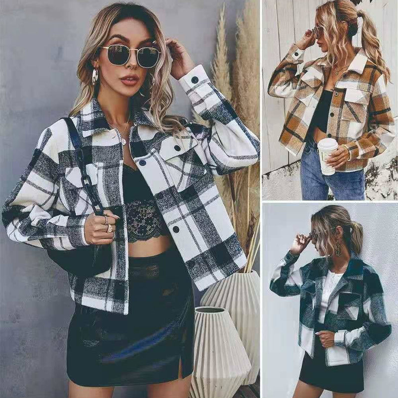 Women Plaid Pocket Jacket Lapel Collar Shirt