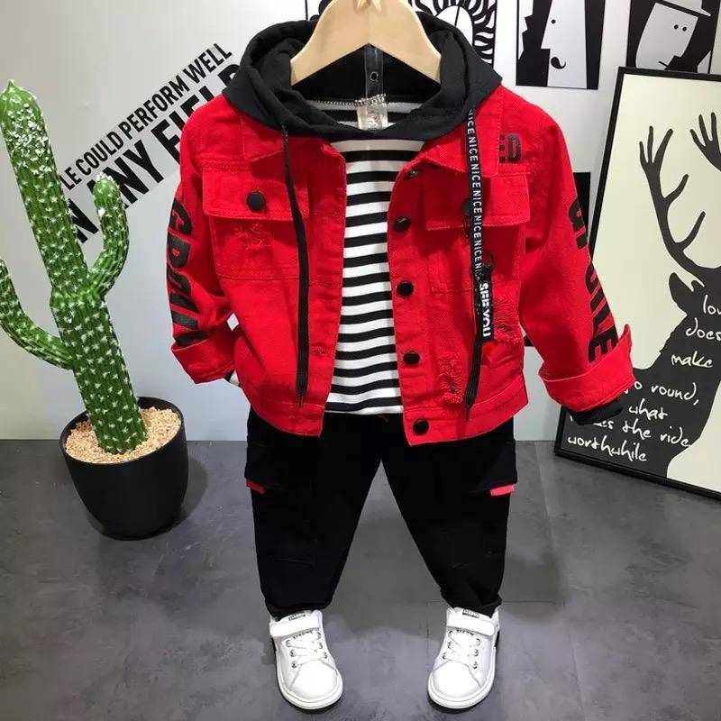 3pcs Children Boys Denims Jacket Cost Pant Hooded Clothes
