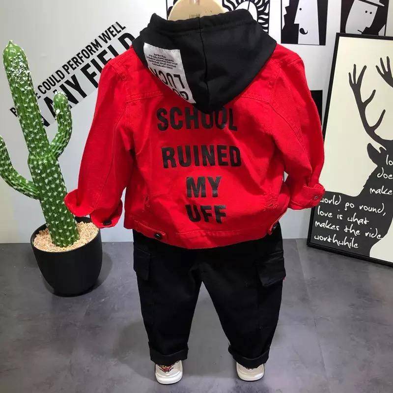 3pcs Children Boys Denims Jacket Cost Pant Hooded Clothes Red