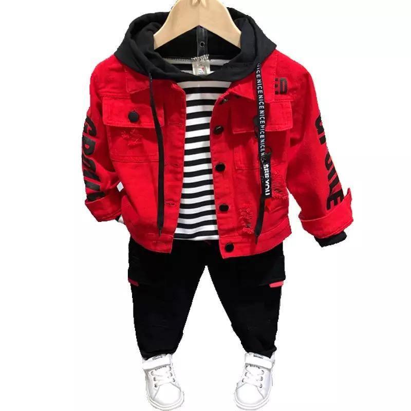 3pcs Children Boys Denims Jacket Cost Pant Hooded Clothes