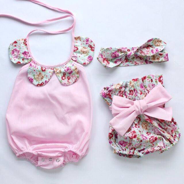 3pcs Cute Baby Girl Tops Stripe Romper Pink