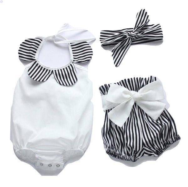 3pcs Cute Baby Girl Tops Stripe Romper Black