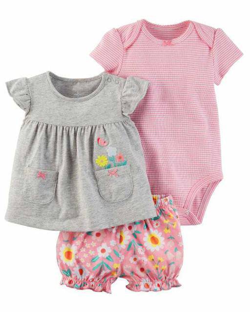 3pcs Flower Tops Short Romper Dress Bodysuit Grey Pink