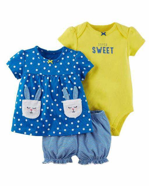 3pcs Flower Tops Short Romper Dress Bodysuit Blue Yellow