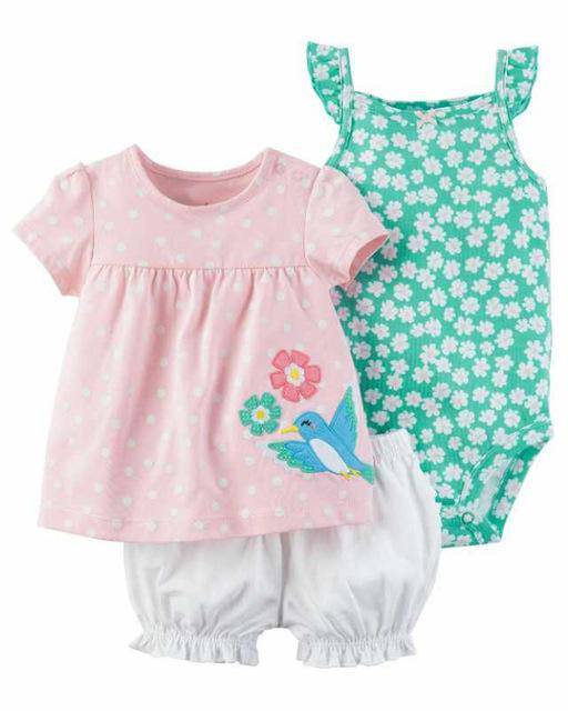 3pcs Flower Tops Short Romper Dress Bodysuit Pink Green