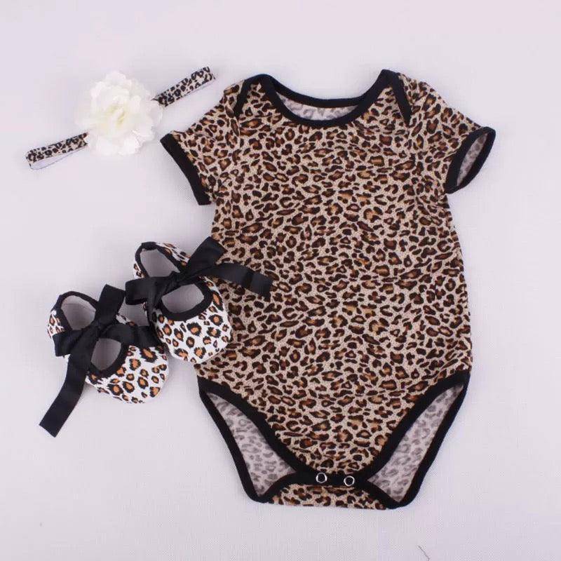 3pcs of Baby Girls Romper Tops Shoe Hairband Outfits Leopard