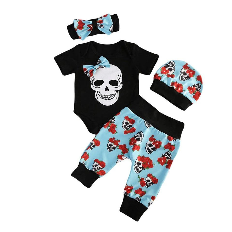 4pcs Baby Girls Skull Cap Headband Jumpsuit Black