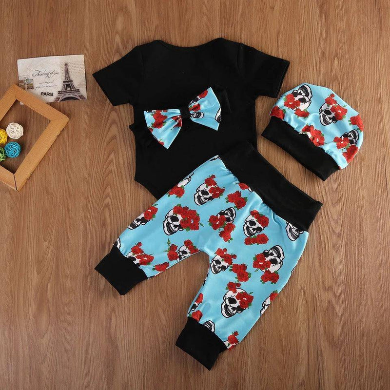 4pcs Baby Girls Skull Cap Headband Jumpsuit