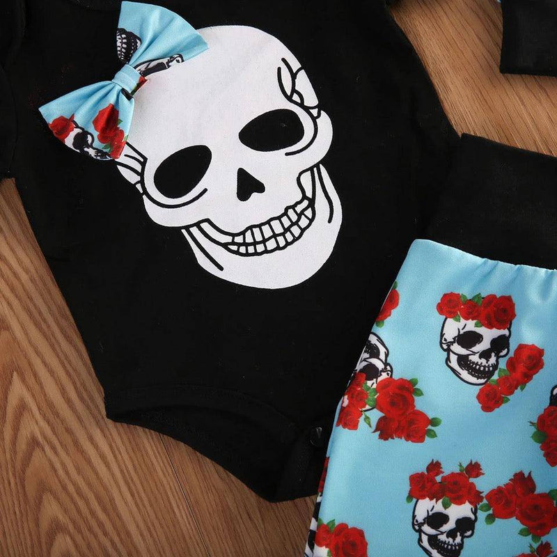 4pcs Baby Girls Skull Cap Headband Jumpsuit