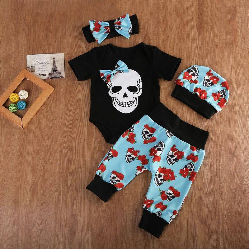 4pcs Baby Girls Skull Cap Headband Jumpsuit