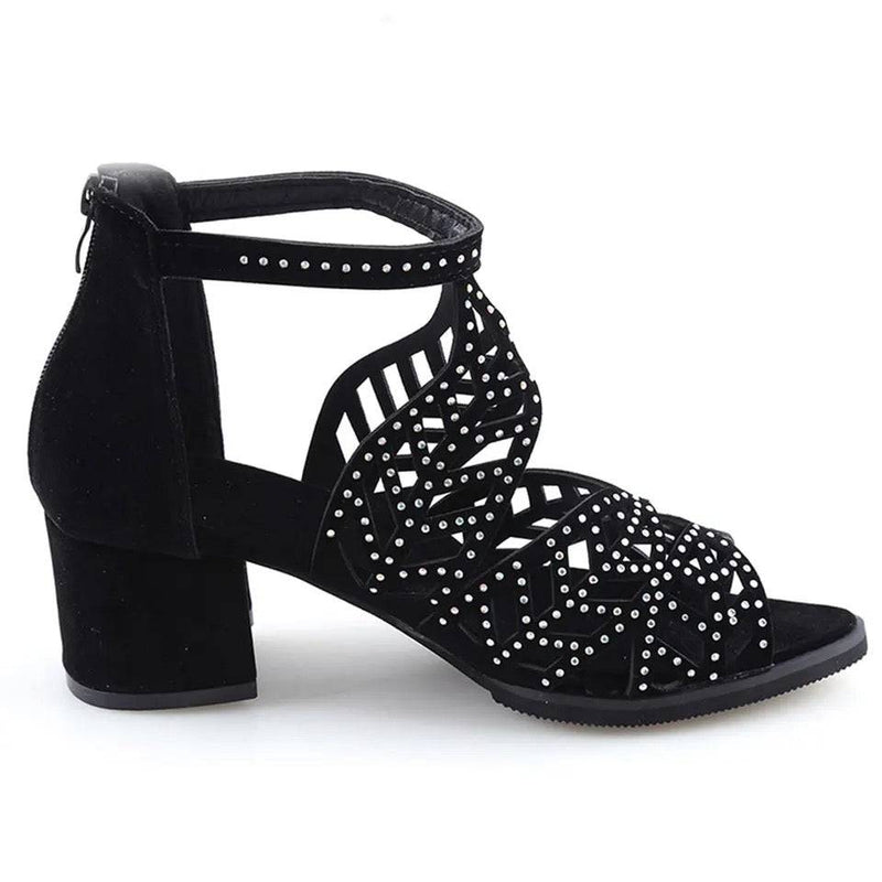 New Women Hallow Out Faux Heel Zipper Sandals Black