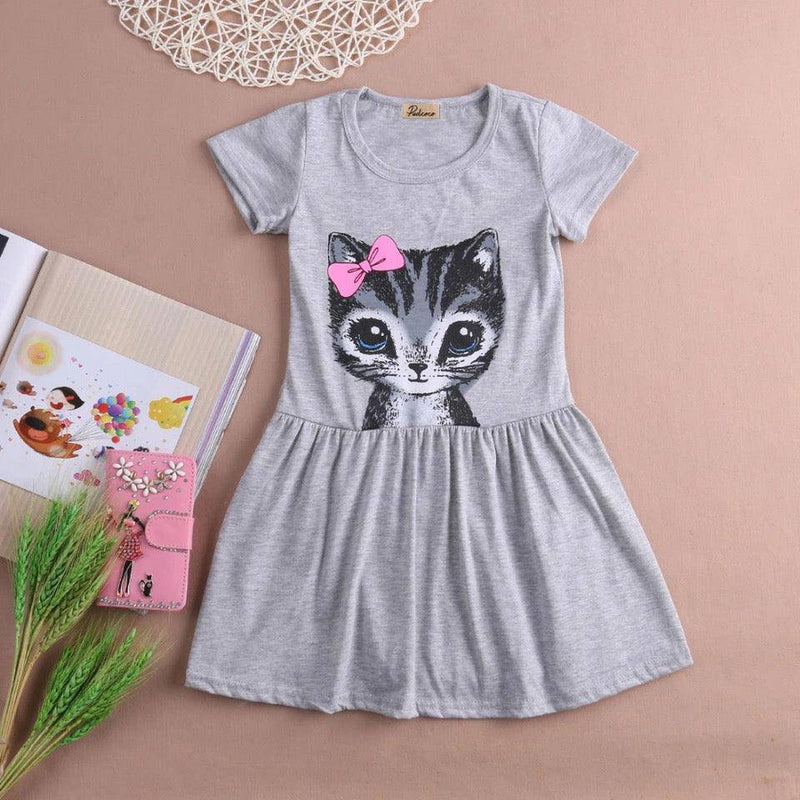 Adorable Beautiful Girl Dress Cat Print Clothes Grey