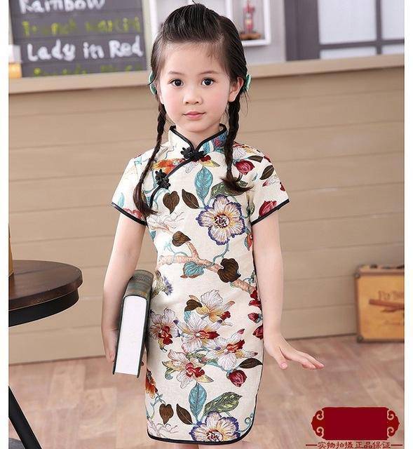 Adorable Girls Short Sleeve Qipao Dress Clothes Green Brown