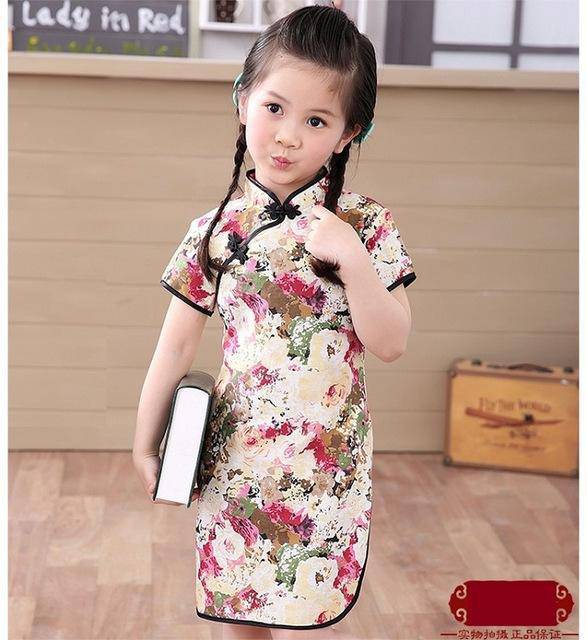 Adorable Girls Short Sleeve Qipao Dress Clothes Red Light Pink