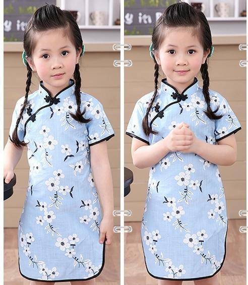 Adorable Girls Short Sleeve Qipao Dress Clothes Sky Blue