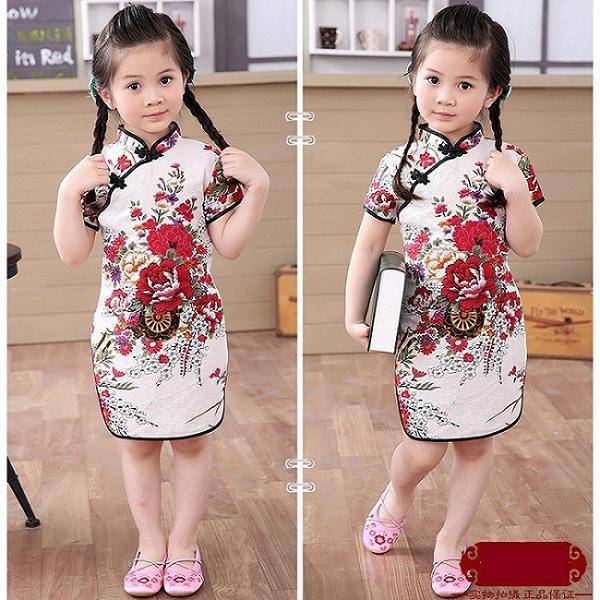 Adorable Girls Short Sleeve Qipao Dress Clothes White Red