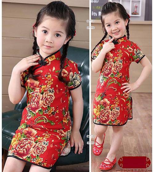Adorable Girls Short Sleeve Qipao Dress Clothes Red