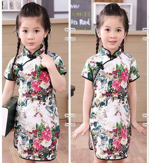 Adorable Girls Short Sleeve Qipao Dress Clothes Green