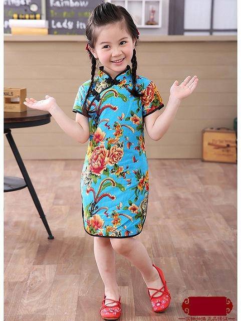 Adorable Girls Short Sleeve Qipao Dress Clothes Blue