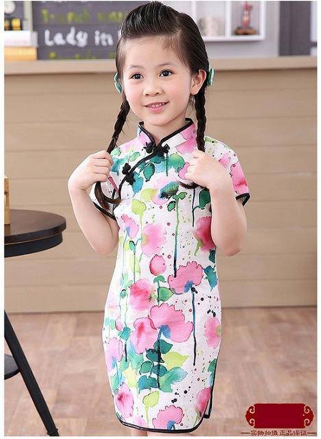 Adorable Girls Short Sleeve Qipao Dress Clothes Pink Green