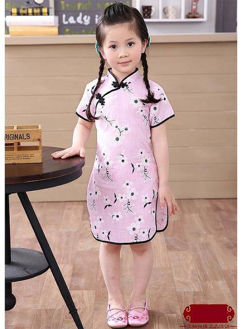 Adorable Girls Short Sleeve Qipao Dress Clothes Pink
