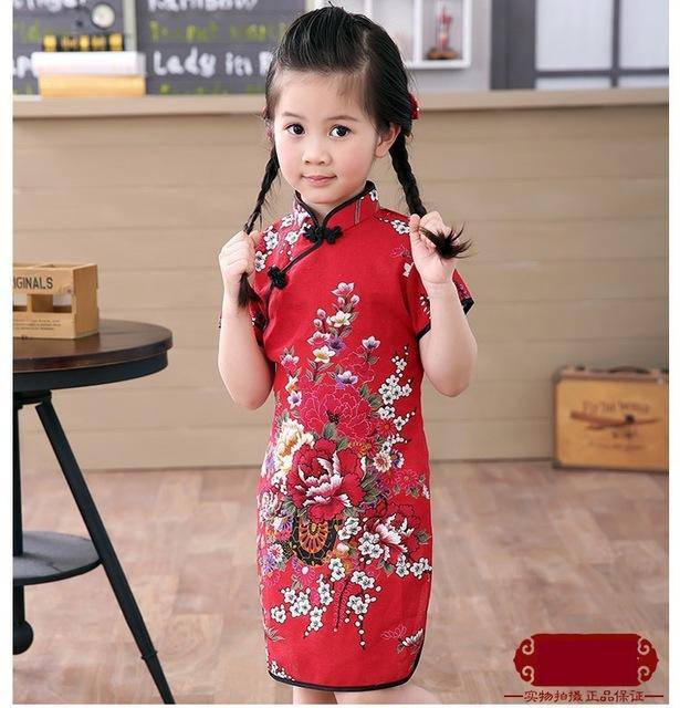 Adorable Girls Short Sleeve Qipao Dress Clothes Maroon Red