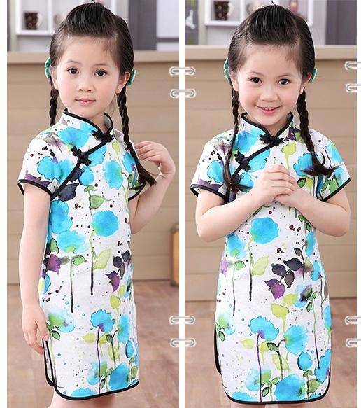 Adorable Girls Short Sleeve Qipao Dress Clothes Dark Blue