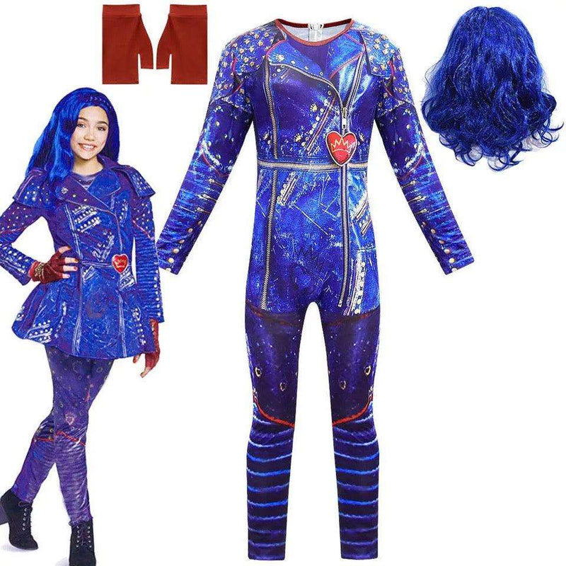 Anilnc Descendants 3 Evie Girls Halloween costume Blue wig&gloves