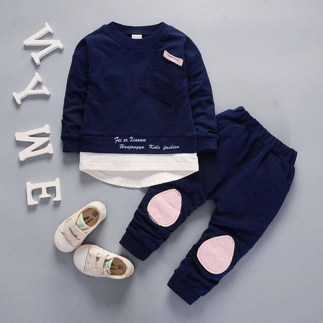 Autumn Kid Boys Girls T Shirt Pant Suits Navy blue