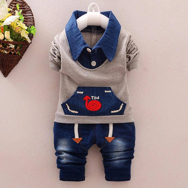 Baby Boy Outfit Red Grey Jacket Denim Pants Grey