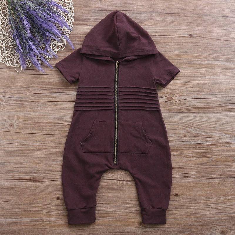Baby Boy Romper Short Sleeve Hooded Zipper Jumpsuit Clothes