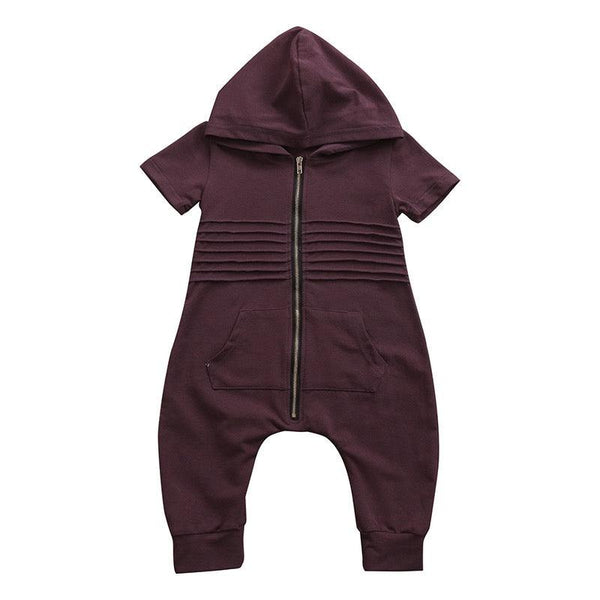 Baby Boy Romper Short Sleeve Hooded Zipper Jumpsuit Clothes Dark Brown