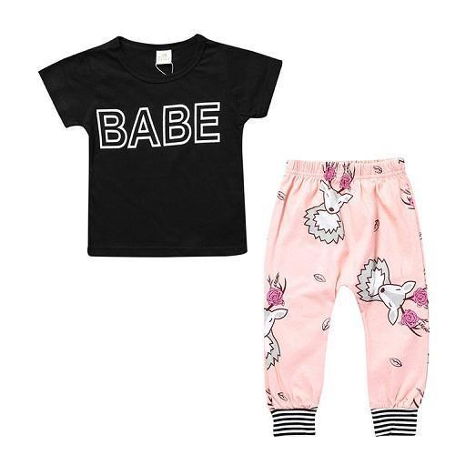 Baby Cotton Animal Short Sleeve T Shirt Pants Light Pink Black