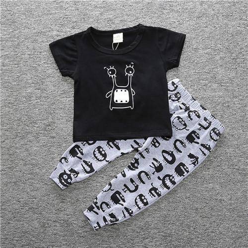 Baby Cotton Animal Short Sleeve T Shirt Pants Black Grey