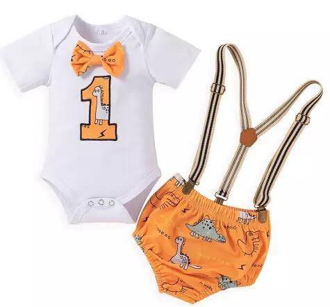 Baby First Birthday Short Sleeve Suspender Shorts