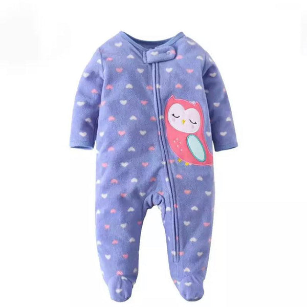 Baby Fleece Zipper O Neck Owl Bird Romper Purple