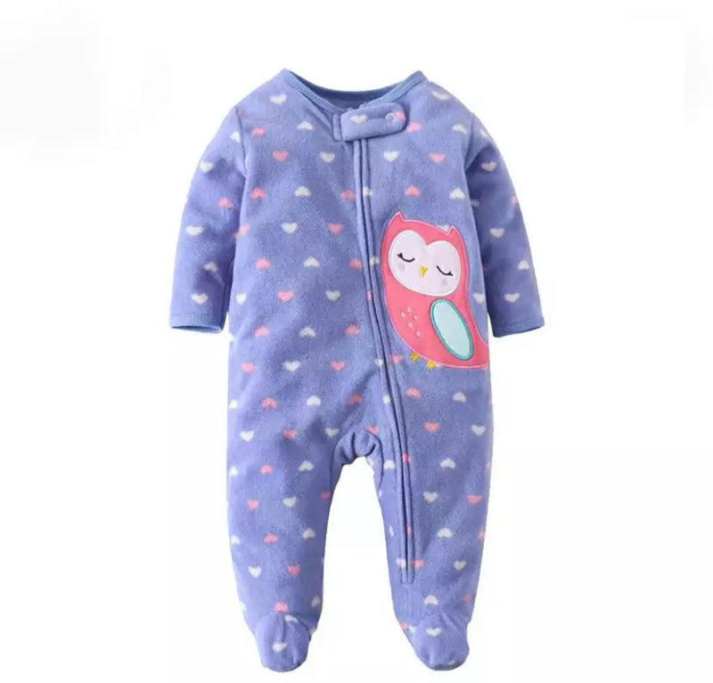 Baby Fleece Zipper O Neck Owl Bird Romper Purple