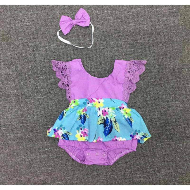 Baby Girl Flower Onesies With Headband Purple