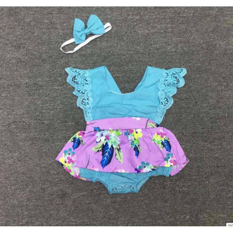 Baby Girl Flower Onesies With Headband blue