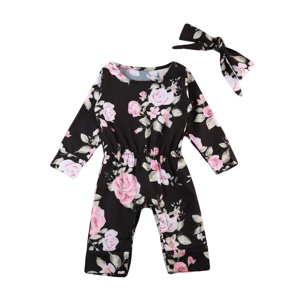 Baby Girl Flower Romper Headband Jumpsuit Black