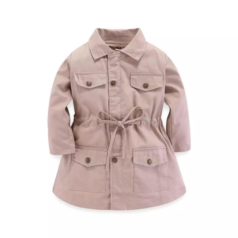 Baby Girl Lapel Horn Long Sleeve Windbreaker Coat Khaki