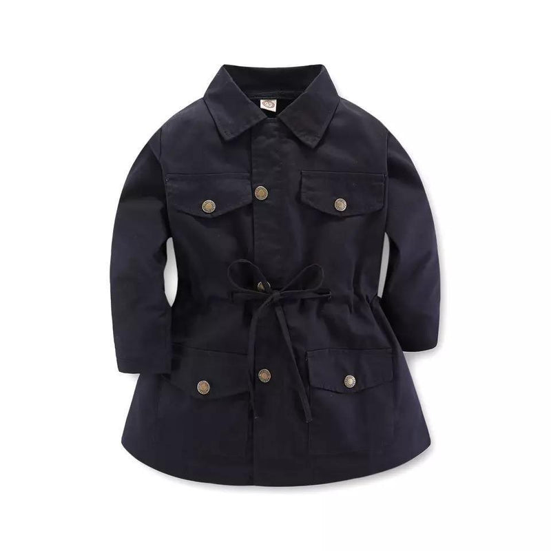 Baby Girl Lapel Horn Long Sleeve Windbreaker Coat Black