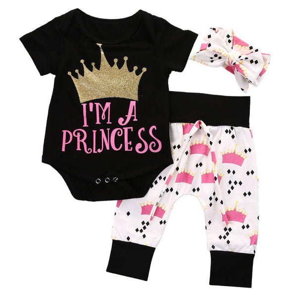 Baby Girl Letter I Am Princess Romper Sets Black pink