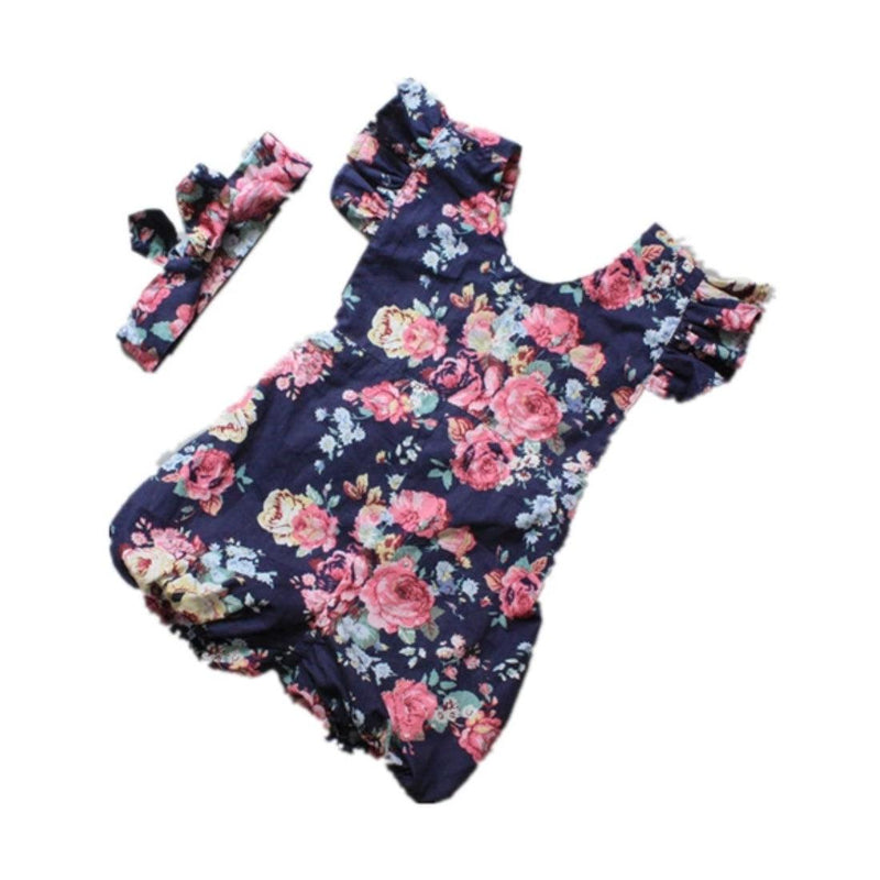 Baby Girl Lotus Flower Jumpsuit & Headband Navy blue