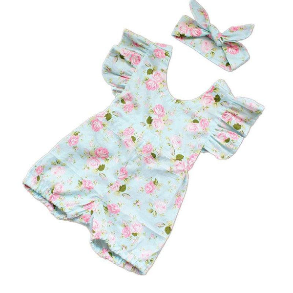Baby Girl Lotus Flower Jumpsuit & Headband Blue