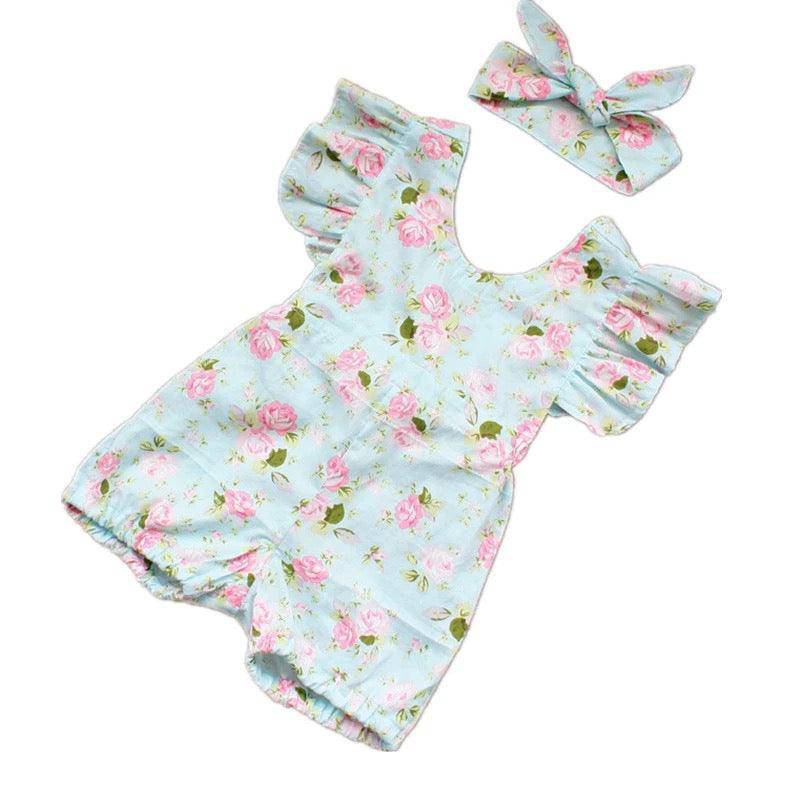 Baby Girl Lotus Flower Jumpsuit & Headband Blue