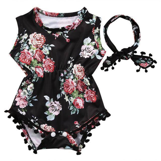 Baby Girl Romper Floral Bodysuit Headband Outfit Black