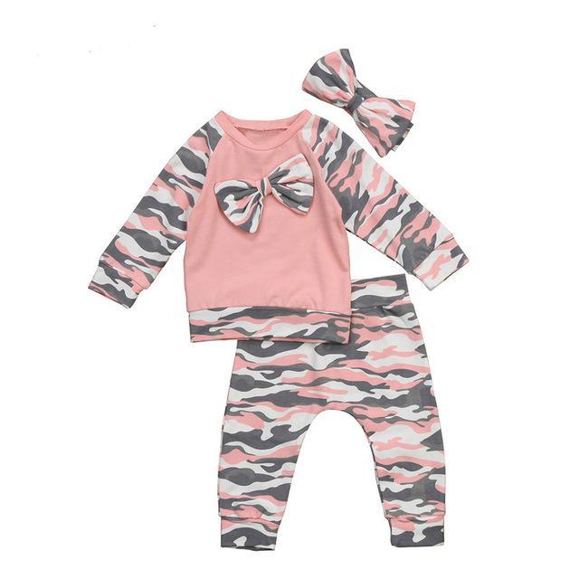 Baby Girl Striped Camo Headband Outfit Set Pink